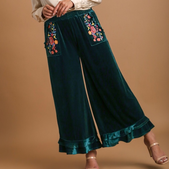 "The Eloise" Green Velvet Wide Leg Pants with Embroidery Detail - Picture 1 of 5